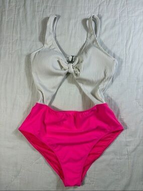 Hollister Swim Womens Ribbed Cutout Monokini Neon Pink White Large 311363171